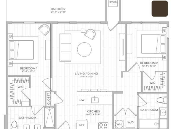 Top-down floor plan of a two-bedroom apartment showing living/dining, kitchen, two bedrooms, bathrooms, balcony, and closets labeled BEDROOM 1, BEDROOM 2, LIVING/DINING, KITCHEN, BATHROOM, W/D, and WIC.