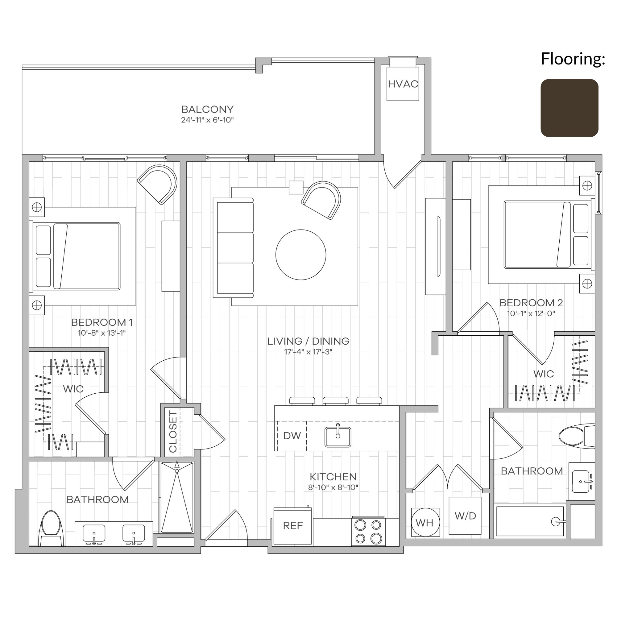 B-1.1 LVT1 Top-down floor plan of a two-bedroom apartment showing living/dining, kitchen, two bedrooms, bathrooms, balcony, and closets labeled BEDROOM 1, BEDROOM 2, LIVING/DINING, KITCHEN, BATHROOM, W/D, and WIC.