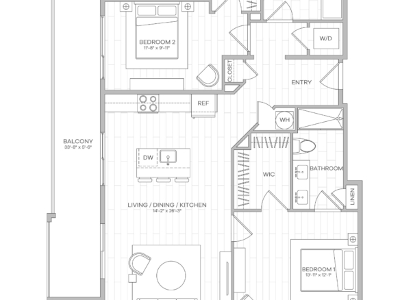 Floor plan of a residence showing Living/Dining/Kitchen, Bedroom 1 and 2, bathrooms, closets, balcony, and utility areas like HVAC and W/D.