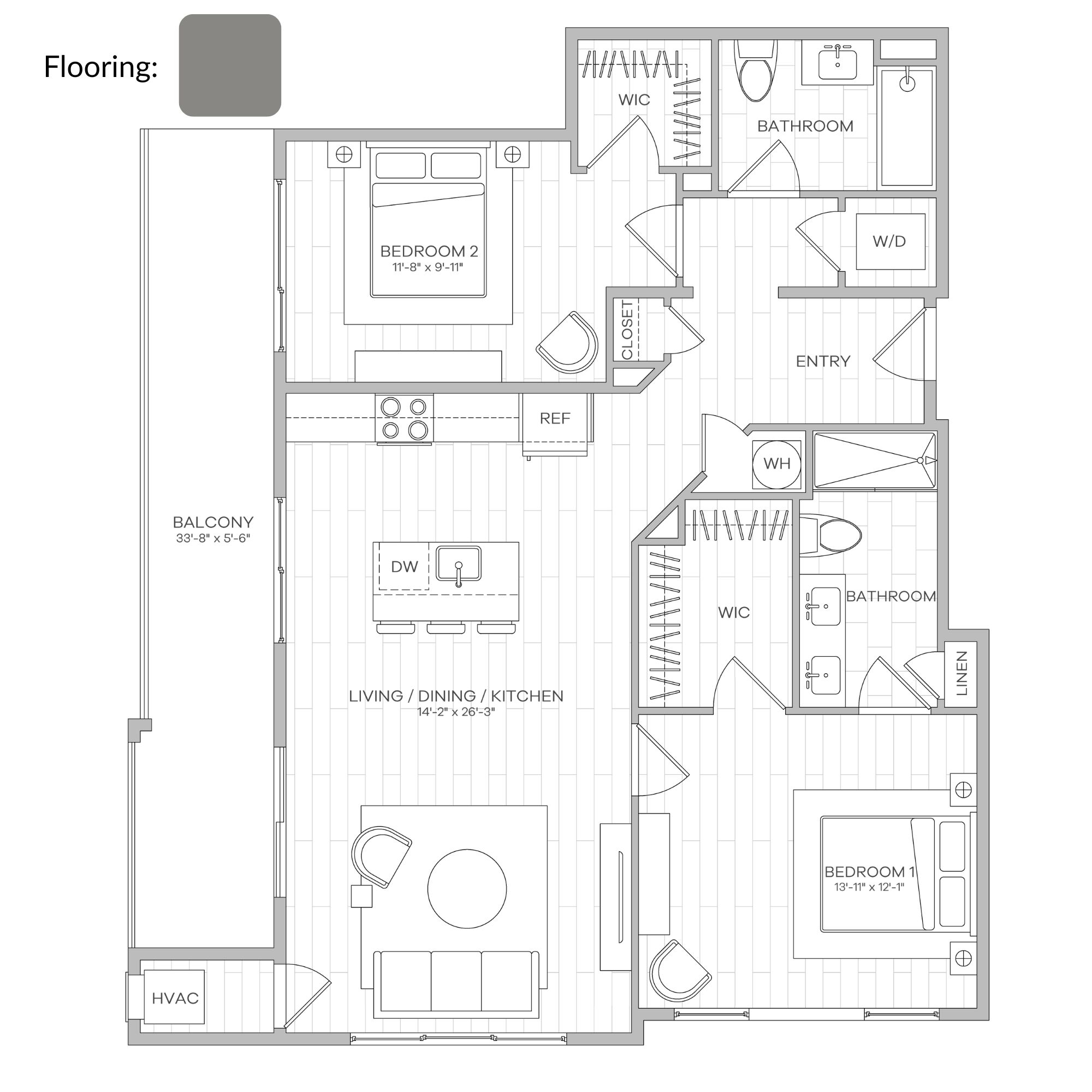 B-2.1 LVT2 Floor plan of a residence showing Living/Dining/Kitchen, Bedroom 1 and 2, bathrooms, closets, balcony, and utility areas like HVAC and W/D.