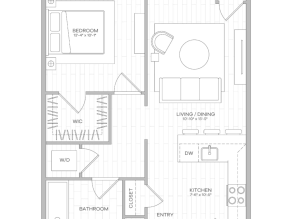 Floor plan of a one-bedroom apartment with bedroom, living/dining area, kitchen, bathroom, two closets, and laundry closet labeled W/D and WH/ water heater area, plus HVAC.
