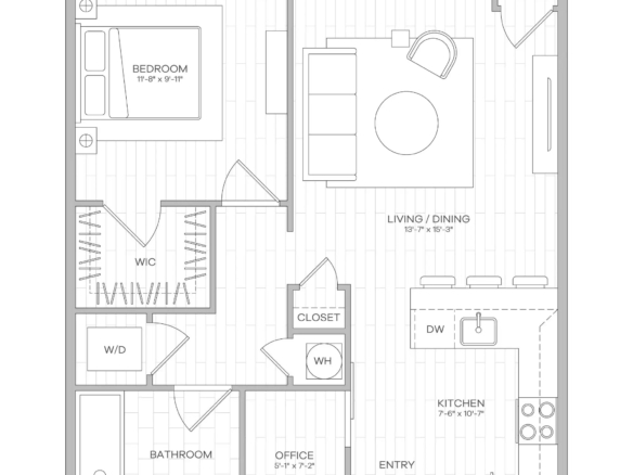 Floor plan of a residence: bedroom, living/dining area, kitchen, bathroom, office, entry, walk‑in closet and labeled utility spaces.
