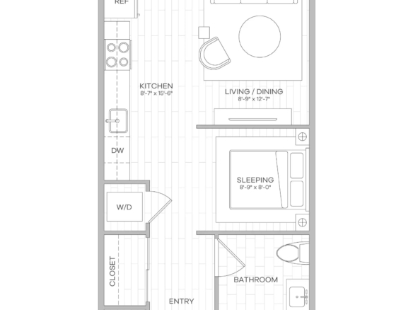 Top-down floor plan of a small apartment showing entry, kitchen with appliances, living/dining area, sleeping area, bathroom, washer/dryer, closet, and patio.