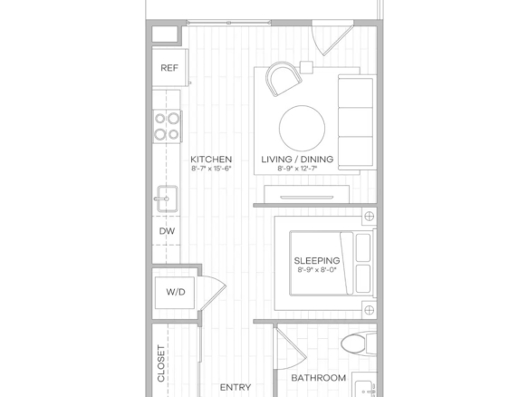 Floor plan of a studio apartment: balcony at top, left kitchen with fridge and dishwasher, central living/dining area, sleeping area with bed, and entry with bath below.