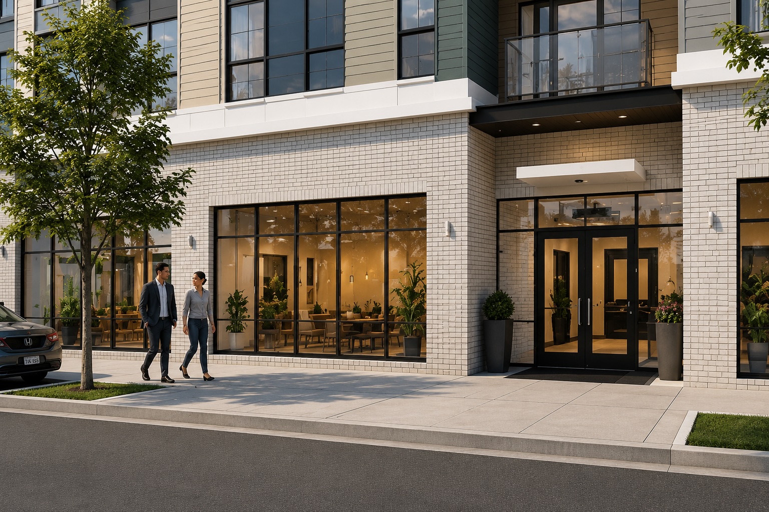 Two casually dressed people walk along a modern brick storefront with large glass windows and potted plants outside the shop framed by a tree-lined sidewalk.