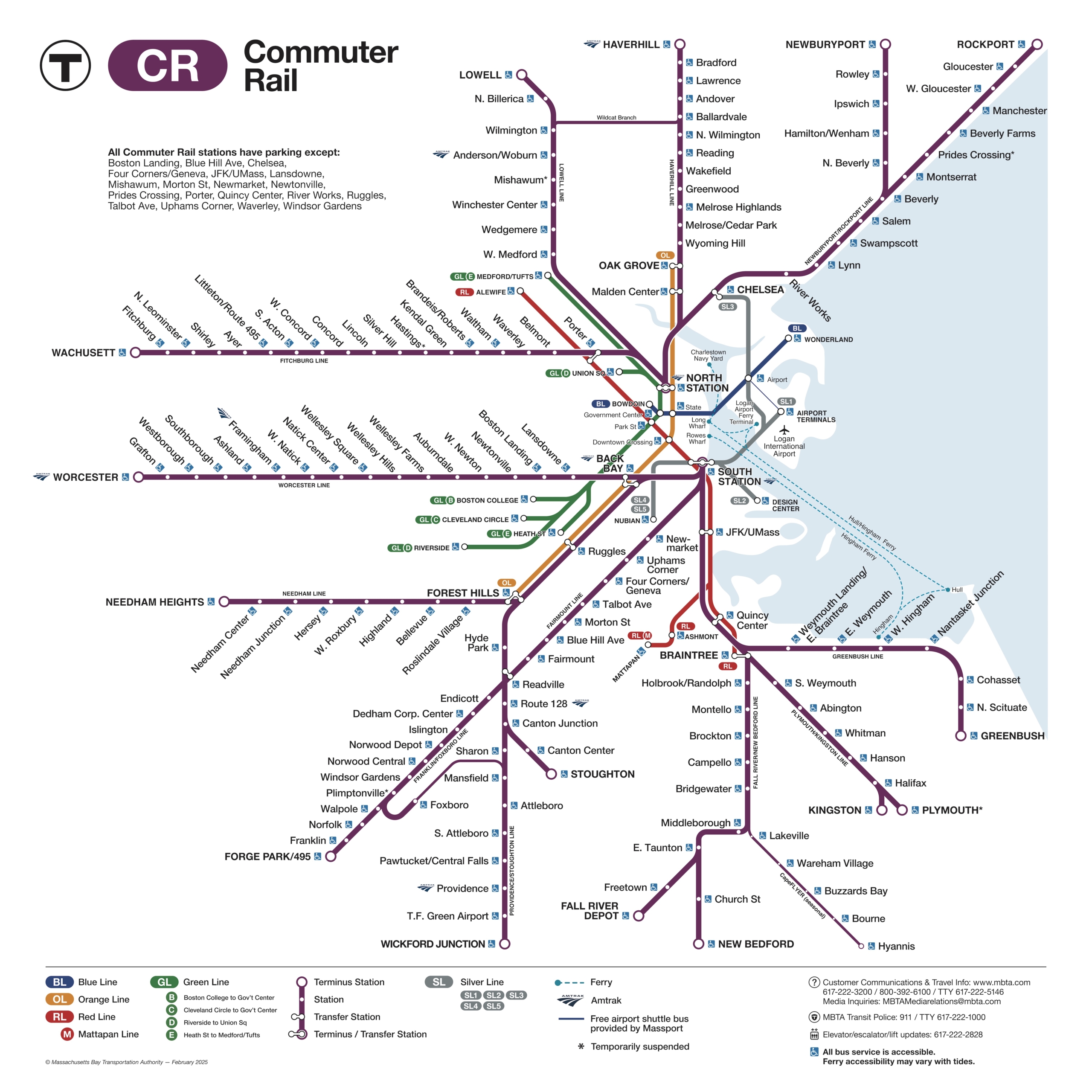 MBTA transit map showing colored subway lines and station names across Boston area (Blue, Green, Orange, Red lines).